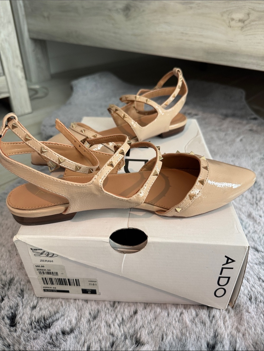ALDO “Zerah”  Nude Patent Pointed-Toe Slingback Flats with Studded Straps